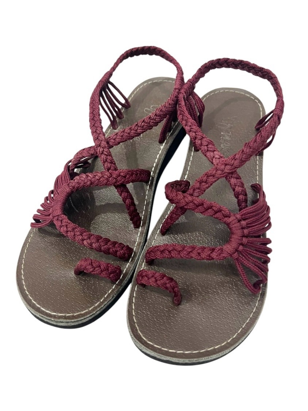 Plaka Maroon Burgundy Boho Braided Strappy Sandals